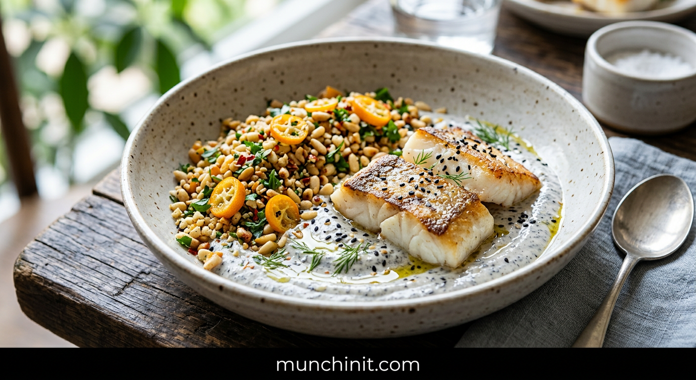 Keto White Fish & Black Sesame Yogurt Bowl with Kumquat-Pine Nut Crumble