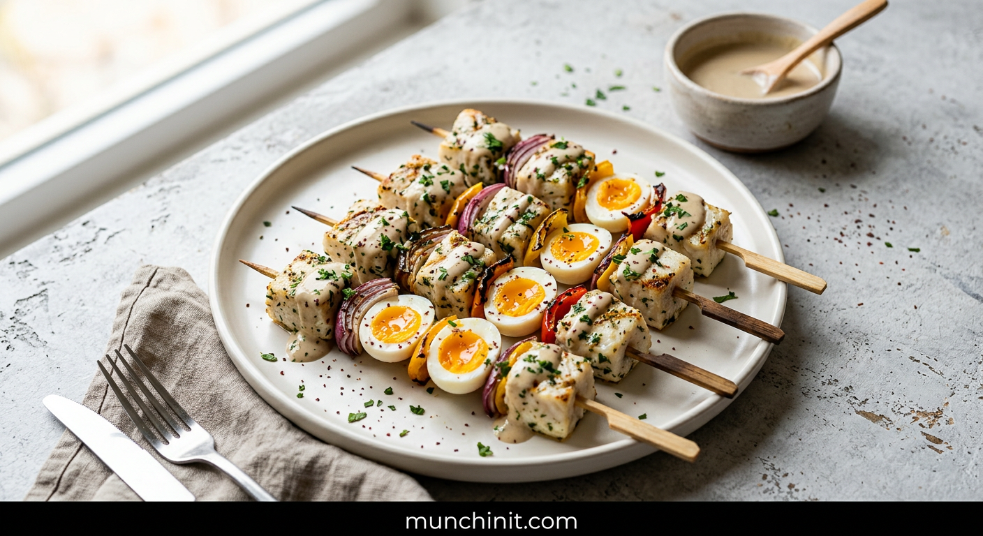 Keto Turkish White Fish & Egg Skewers with Tahini Drizzle