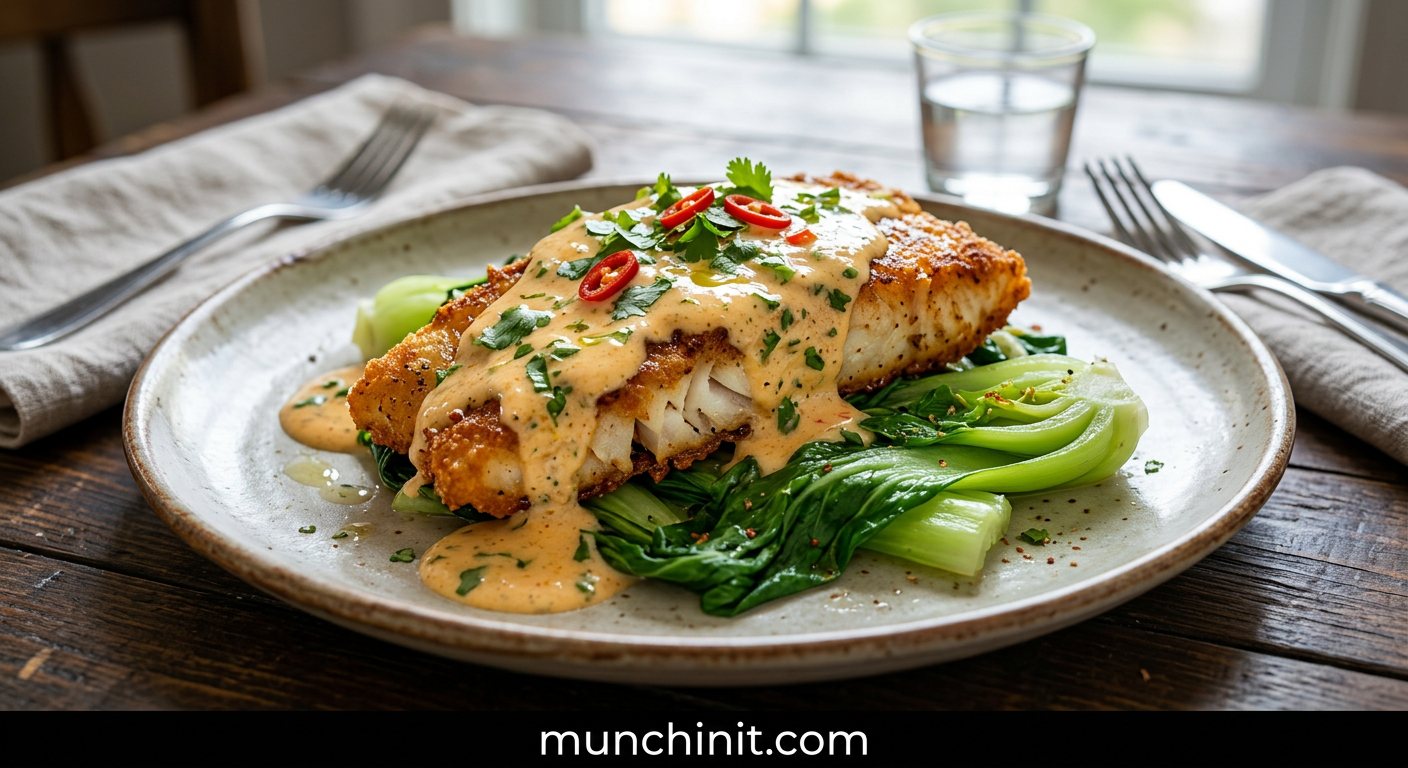 Air-Fried Haddock with Creamy Keto Tom Yum Sauce & Steamed Pak Choi