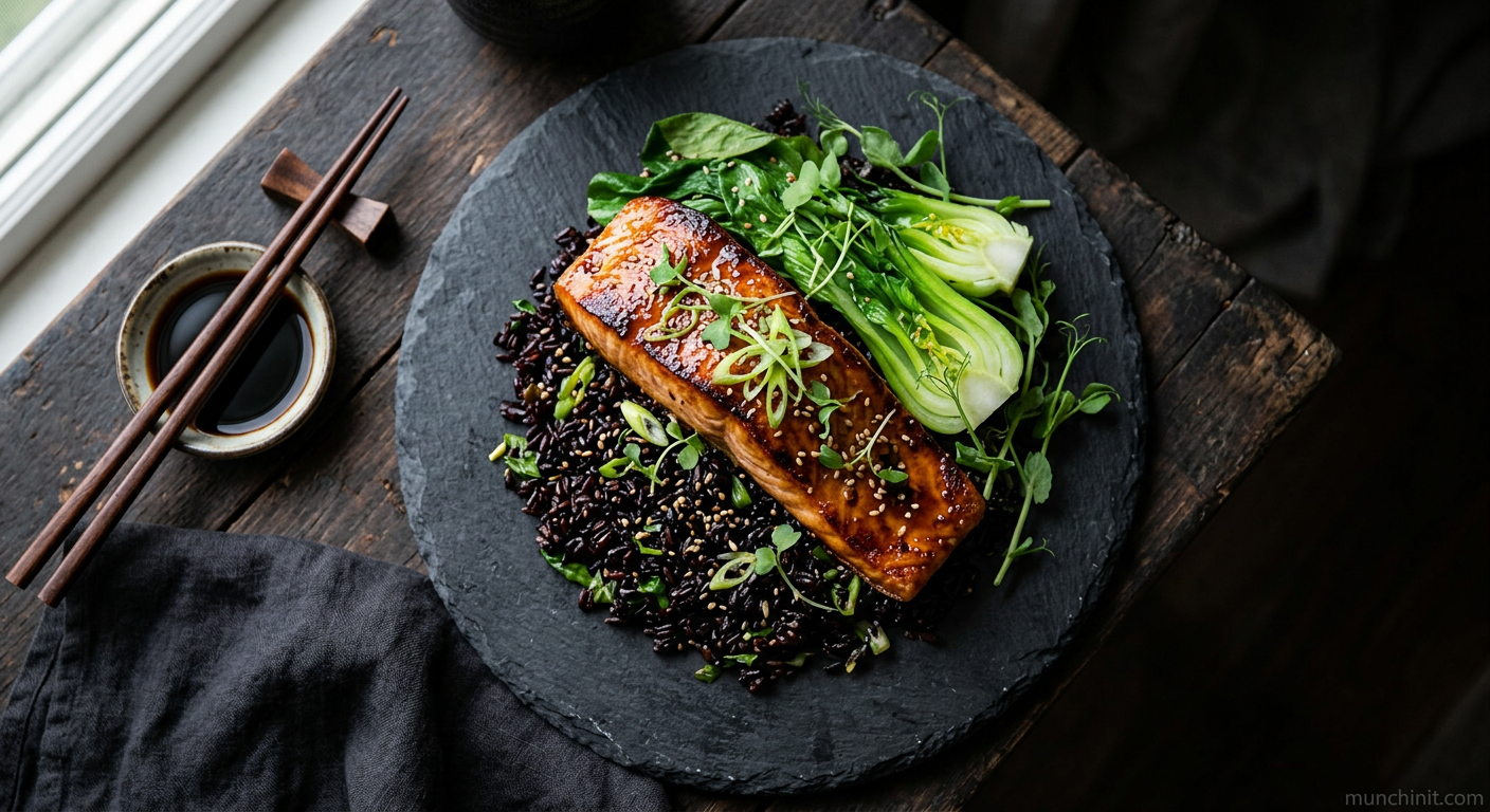 Miso-Glazed Salmon with Forbidden Black Rice & Bok Choy