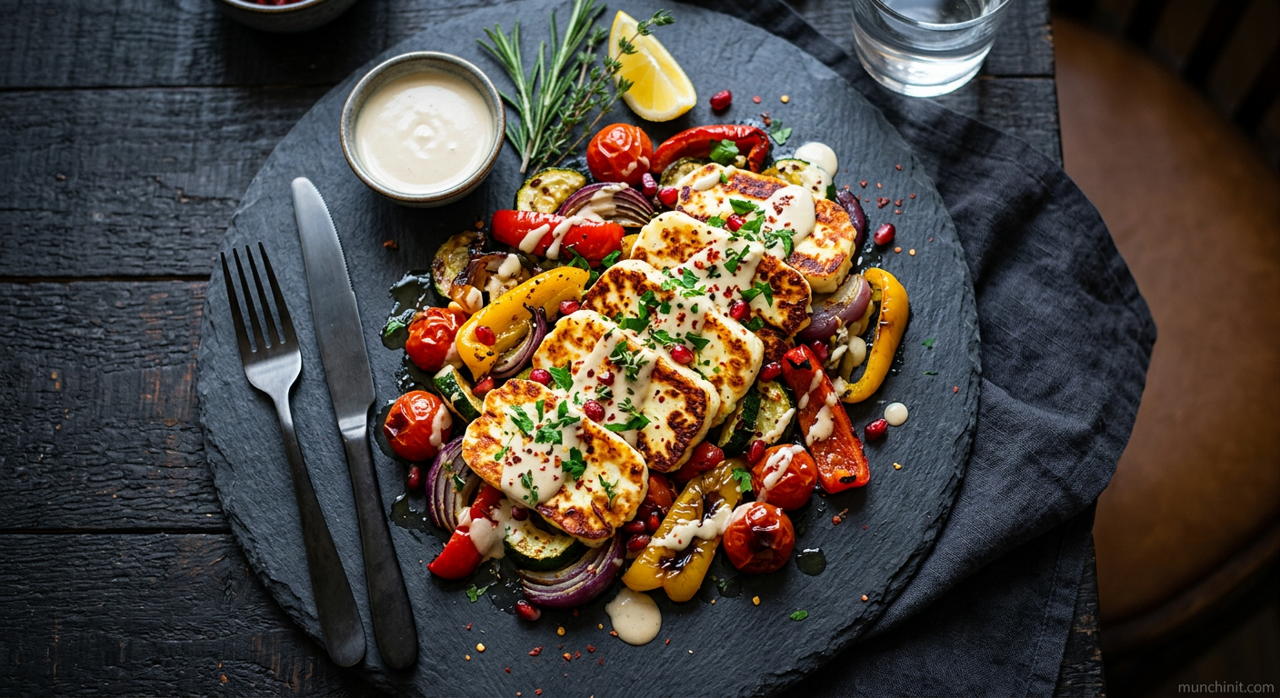 A Popular Dish: Halloumi and Roasted Vegetable Medley with Tahini Drizzle