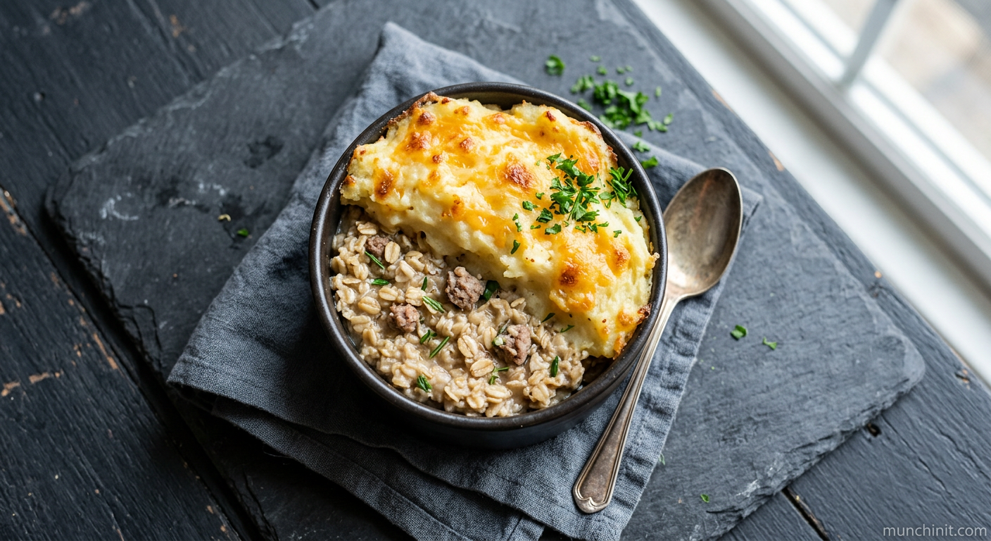 High-Protein Lamb 'Shepherd's Pie' Oats with Cheesy Mash Topping