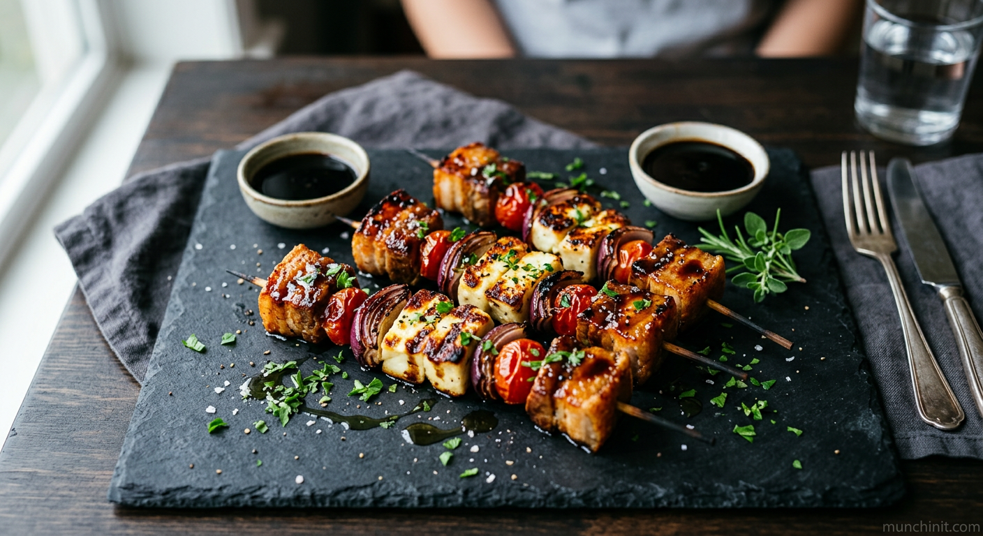 Crispy Pork & Halloumi Skewers with Balsamic Glaze