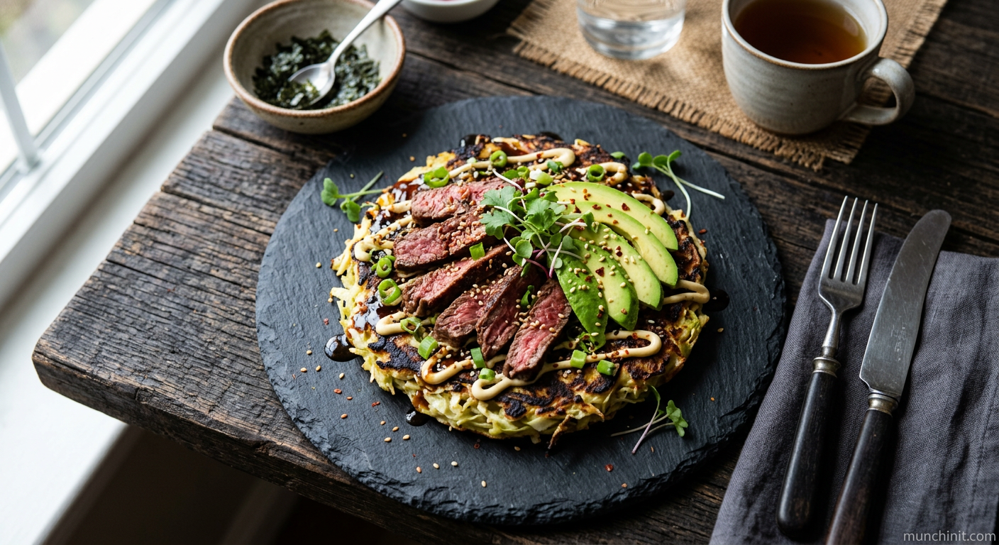 Paleo Okonomiyaki-Style Pancake with Sliced Beef & Avocado