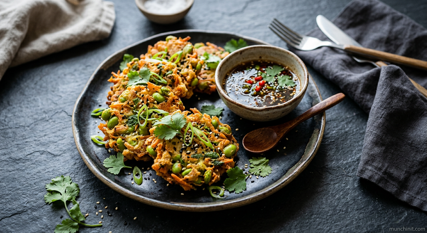 Crispy Edamame & Carrot Fritters with Soy-Lime Dipping Sauce