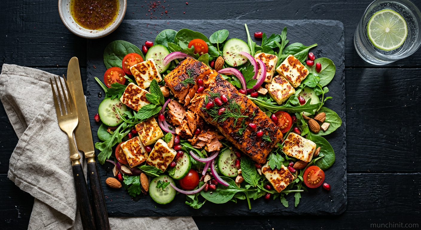 Air Fryer Sumac Salmon & Halloumi Salad