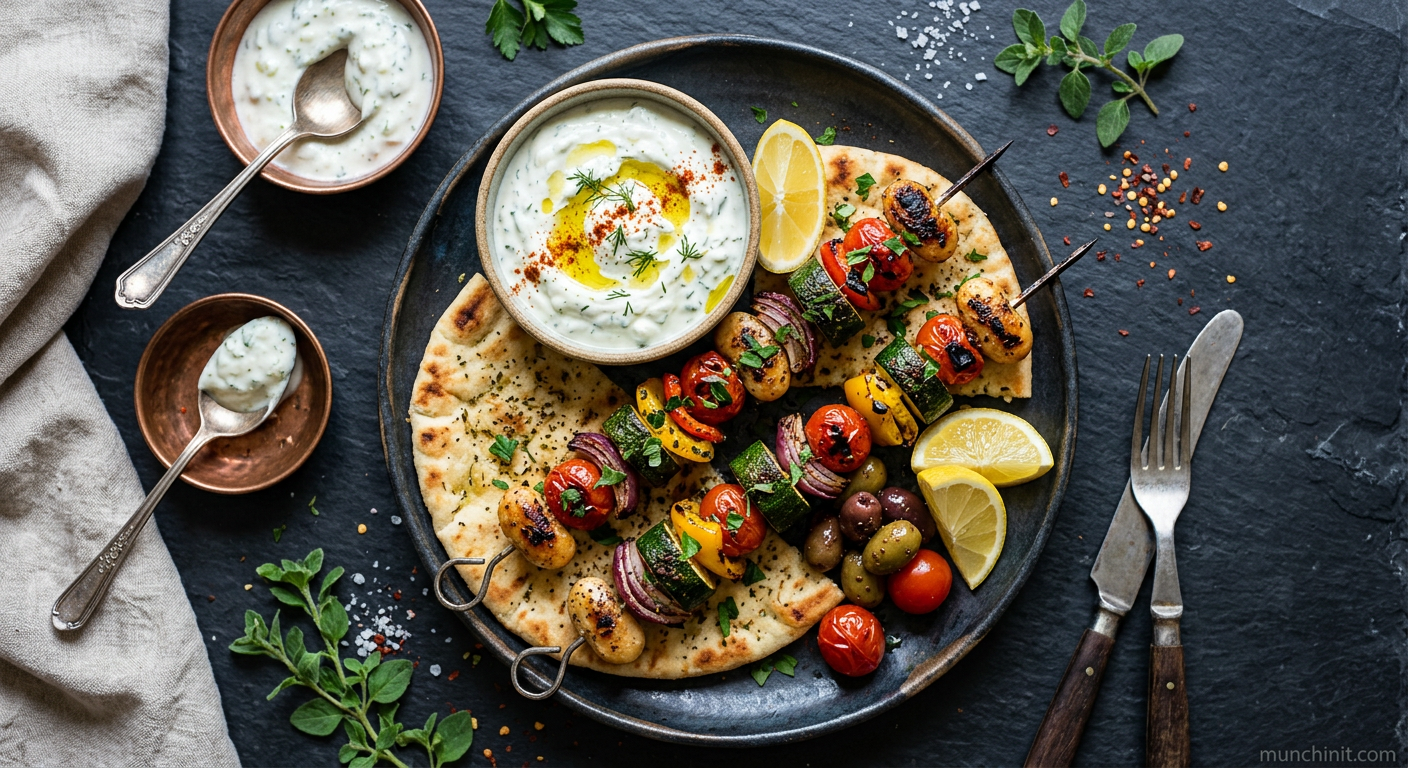 Crispy Grilled Bean & Vegetable Souvlaki with Garlic Yogurt
