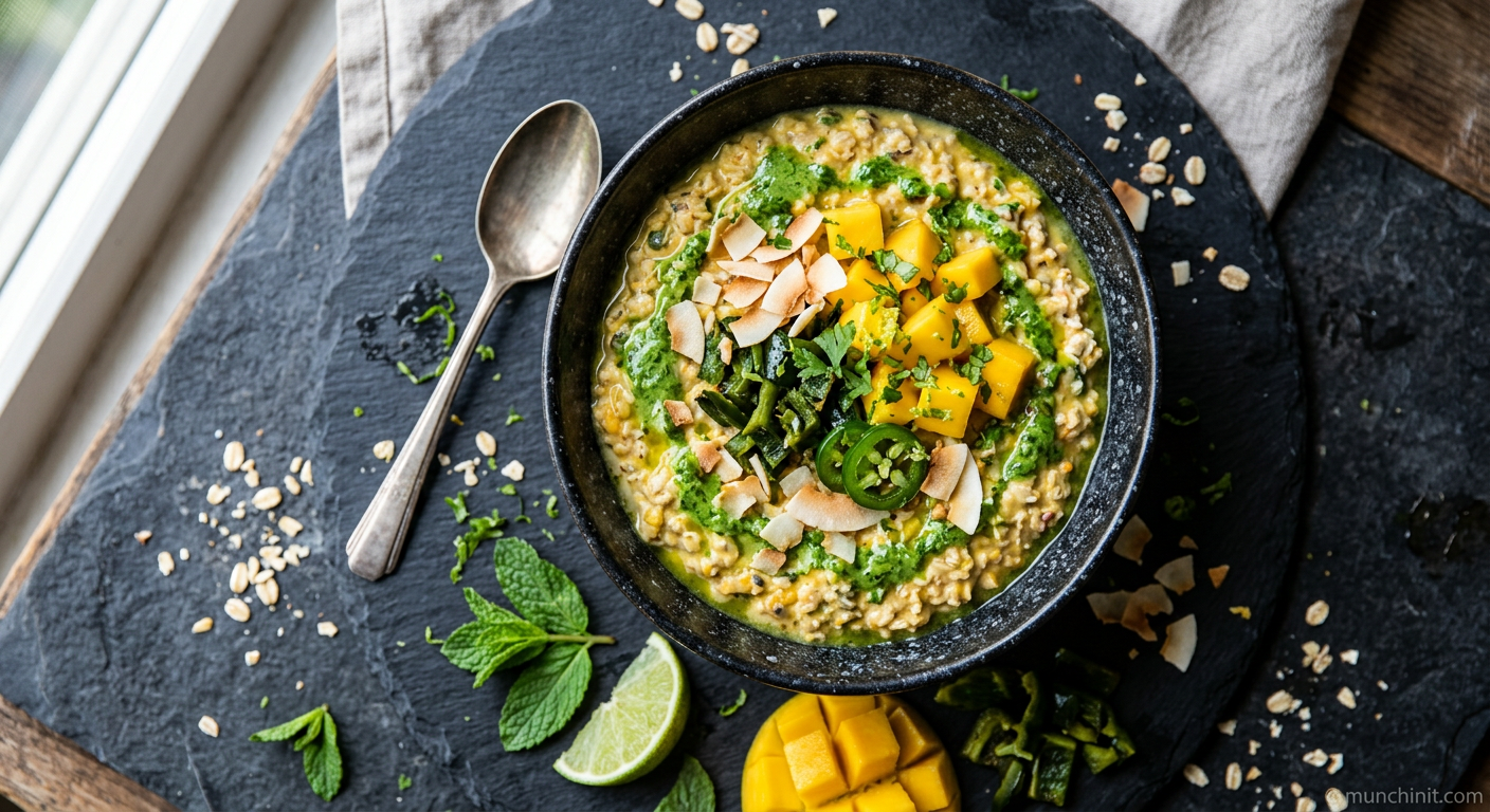 Spicy Mango & Poblano Overnight Oats with Cilantro-Lime Drizzle