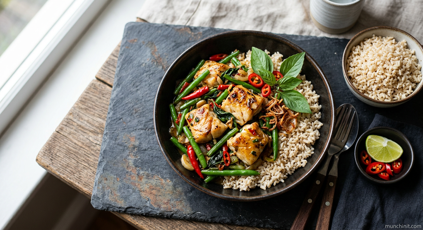 Spicy Thai Basil White Fish with Fine Beans & Brown Rice