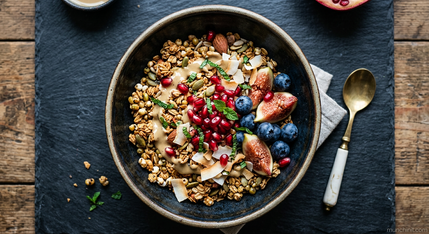 Crispy Mung Bean & Tahini Granola with Pomegranate