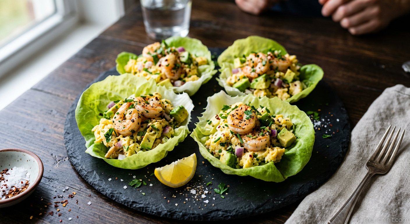 Lemon-Garlic Prawn & Avocado Scramble with Lettuce Cups