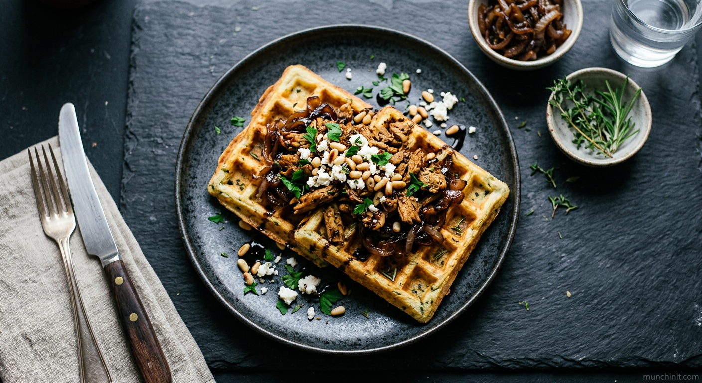 Provençal Herb Waffles with Caramelised Onion & Vegan 'Pork'