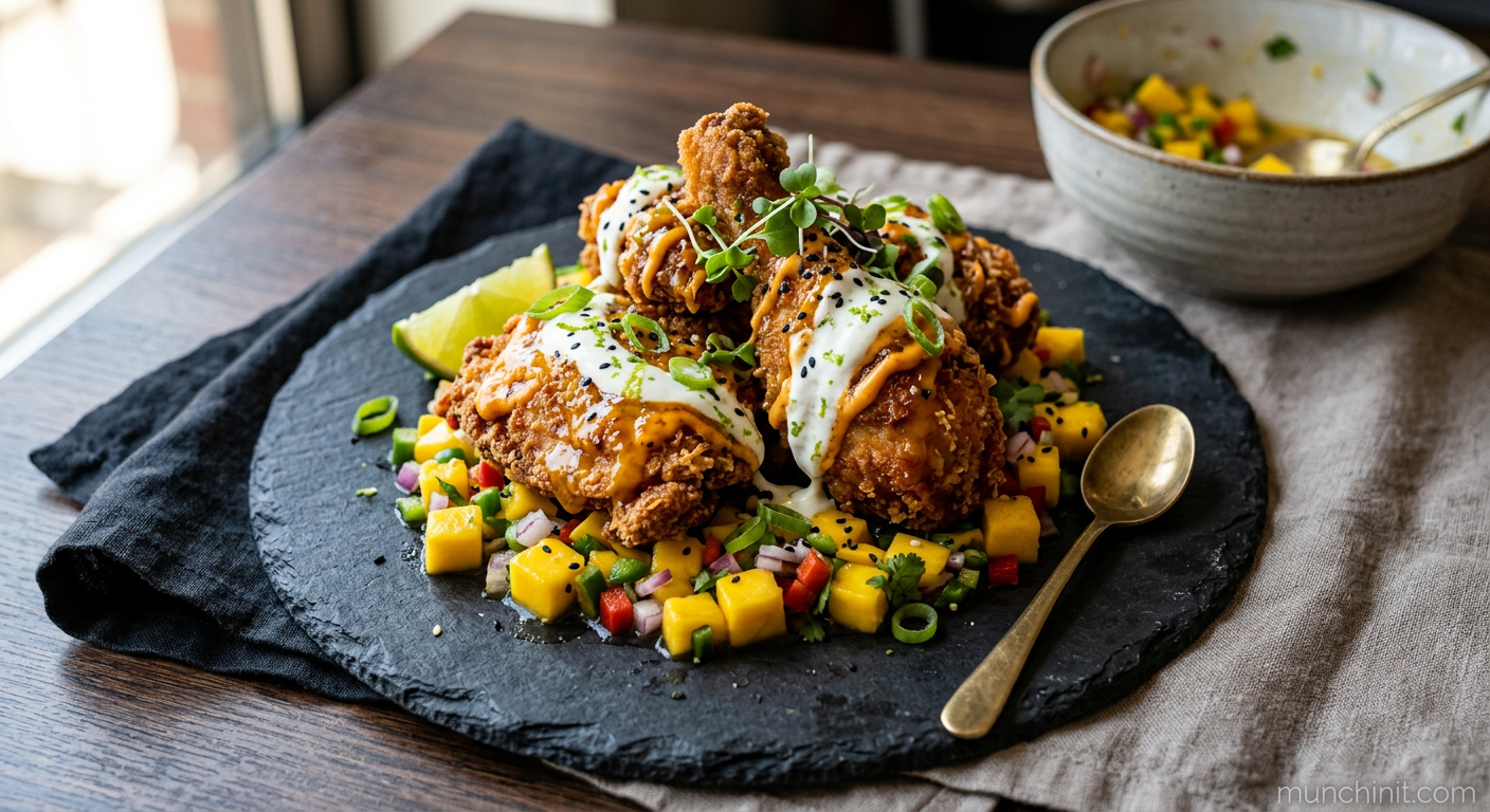 Japanese-Inspired Spicy Crispy Chicken with Mango Salsa & Lime Yogurt Swirl