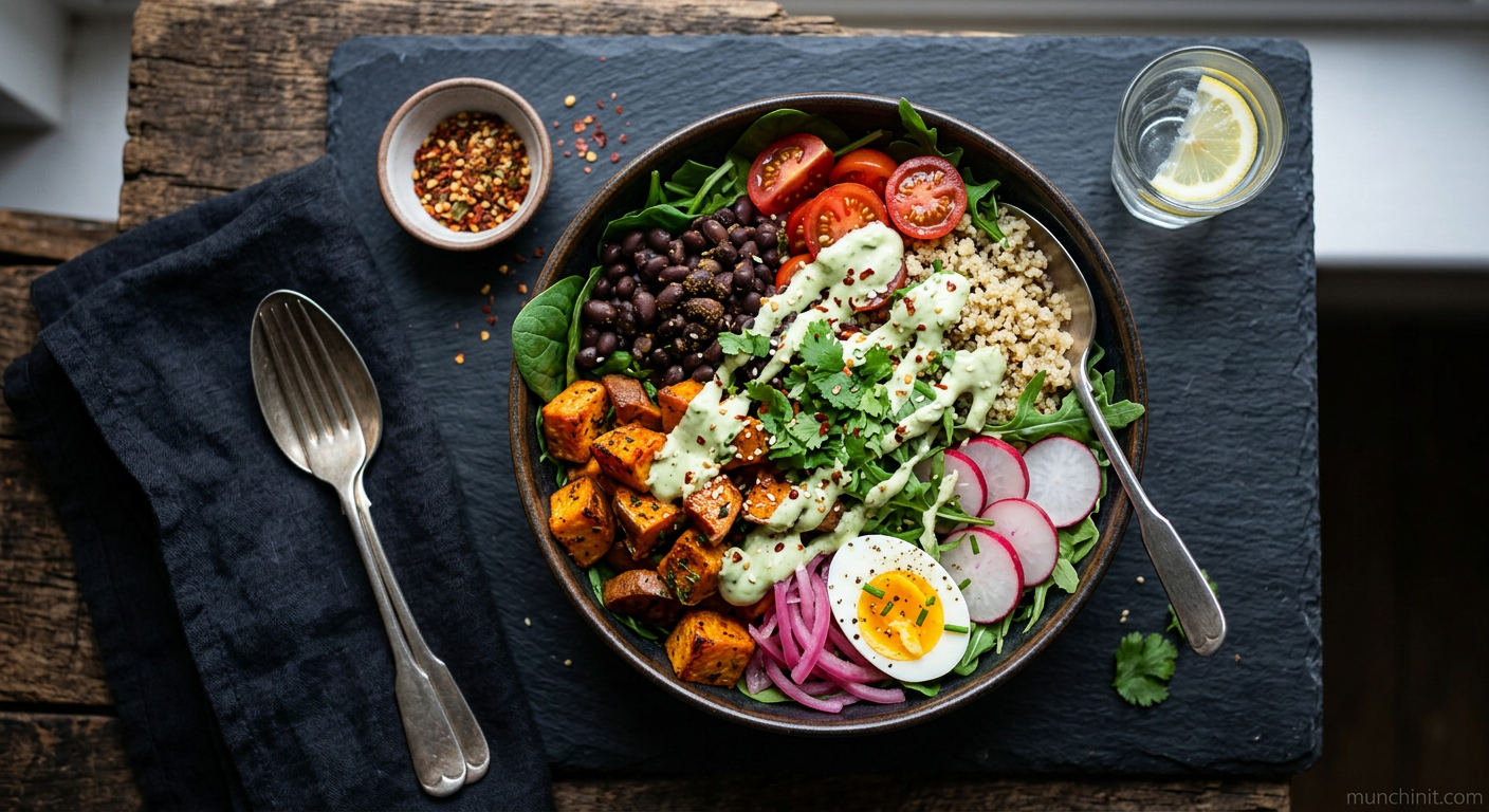 British Roasted Sweet Potato & Black Bean Bowl with Avocado Crema