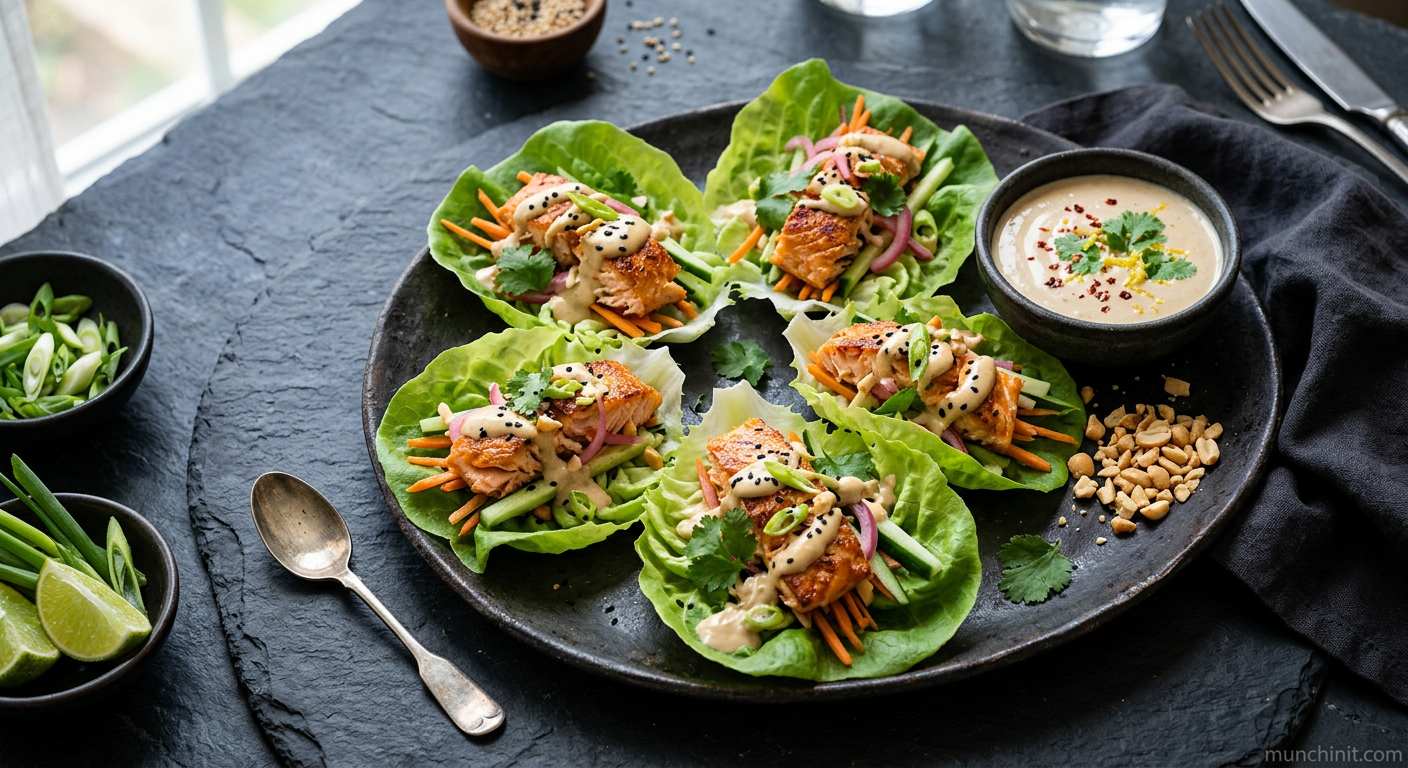 Crispy Salmon Lettuce Wraps with Spicy Tahini Yogurt