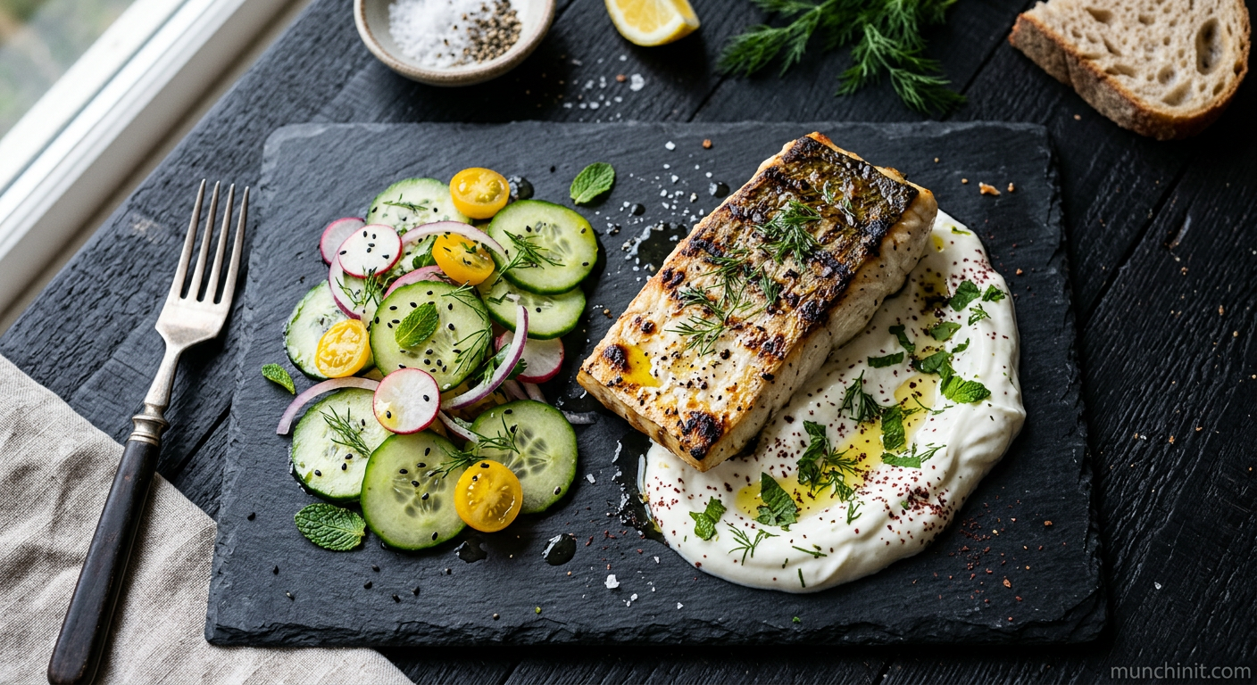 Grilled Hake with Garlic Yogurt and Cucumber Salad