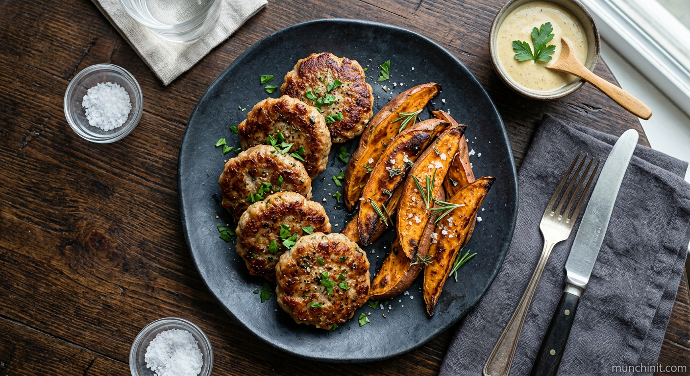 Crispy Gluten-Free Pork Sausage Patties with Herb-Roasted Sweet Potato Wedges