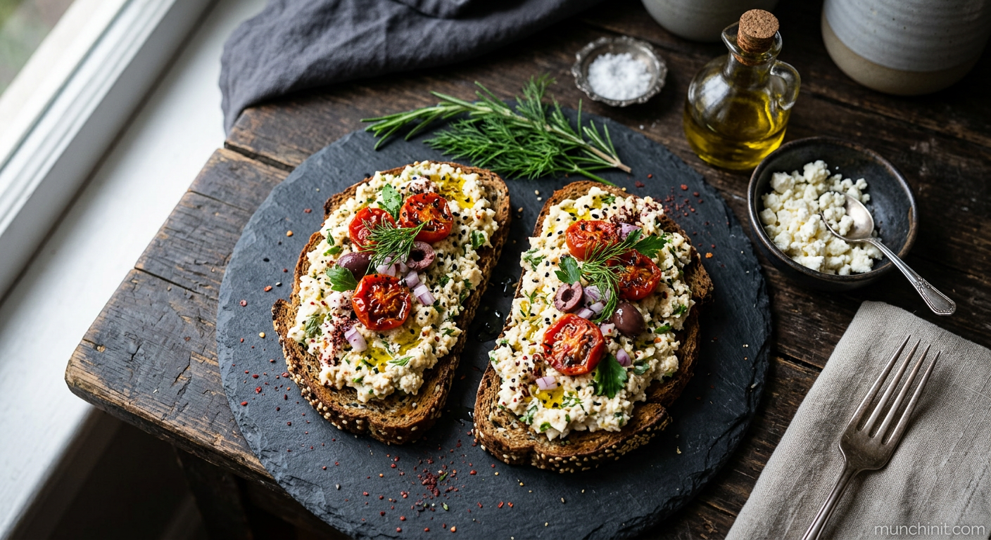 Mediterranean Tofu Mash on Sesame Keto Toast