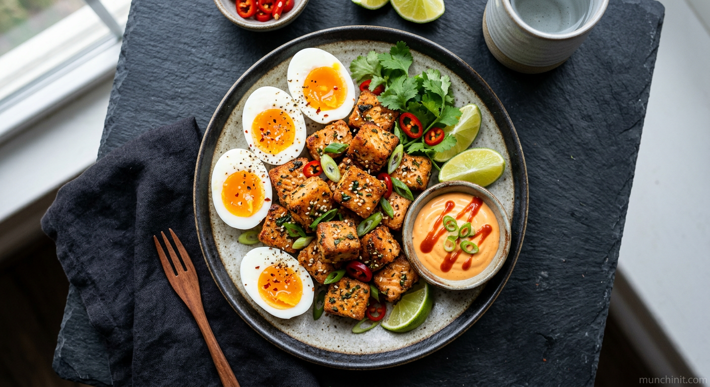 Vietnamese Air-Fried Salmon Bites with Soft-Boiled Eggs and Zesty Sriracha Mayo