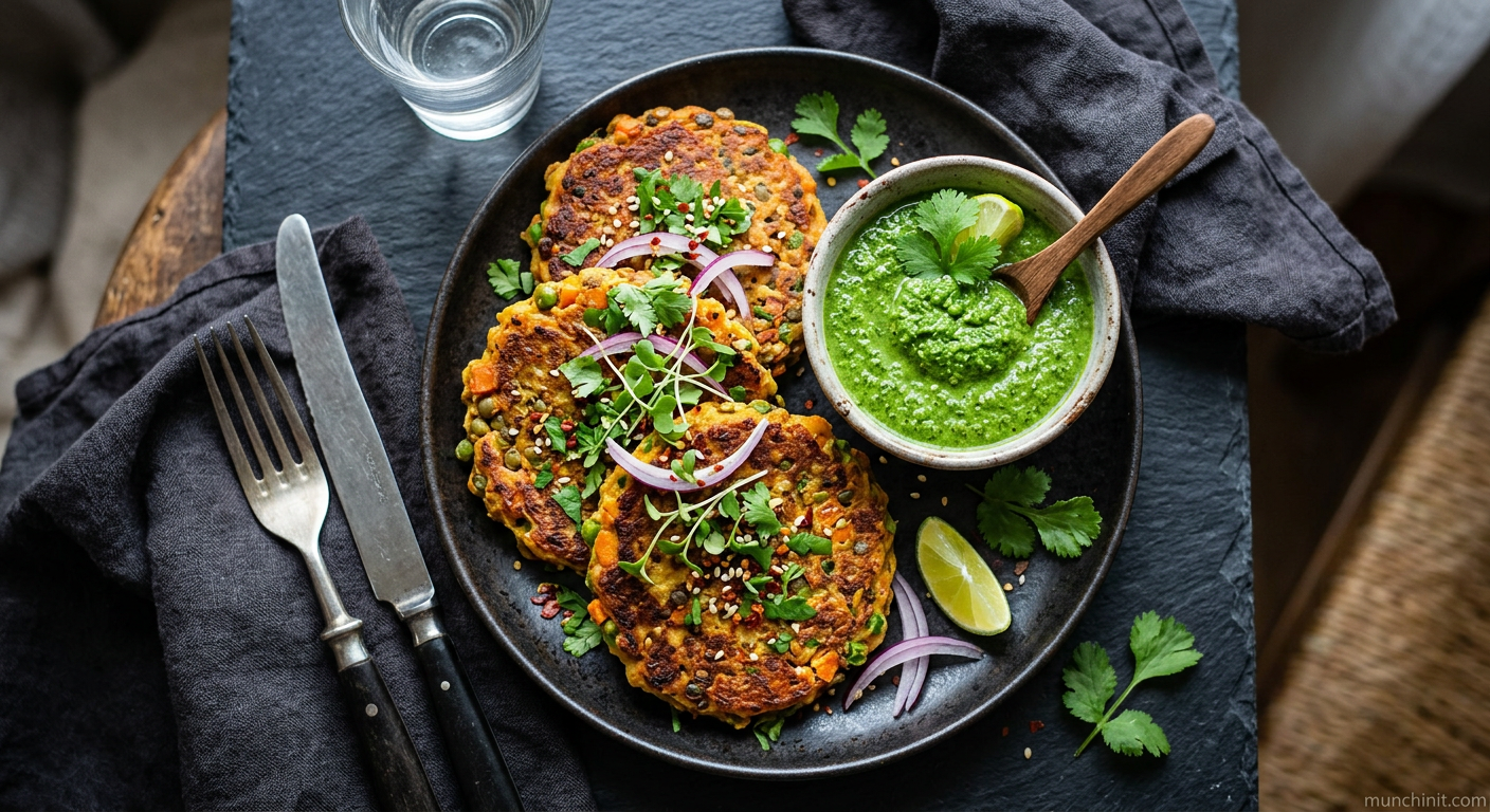 Vegan Masoor Dal & Vegetable Pancakes with Mint Chutney