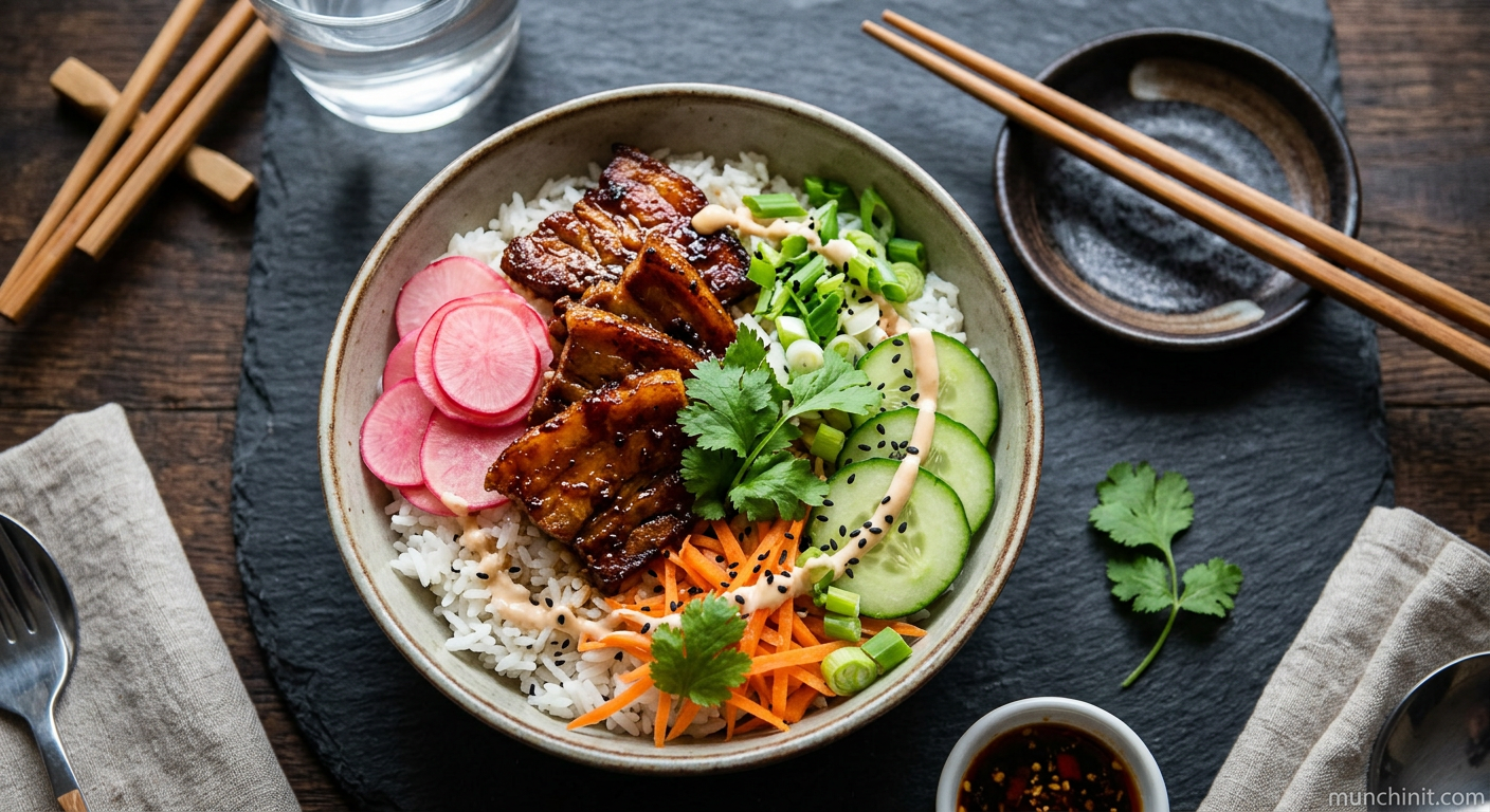 Vegan 'Pork' Belly Rice Bowl with Pickled Radish