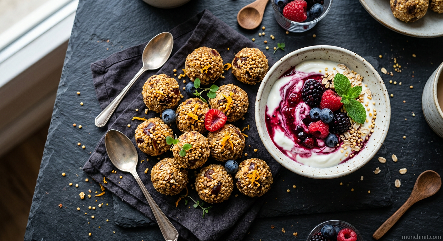 Crispy Millet & Date Energy Bites with Berry Yogurt
