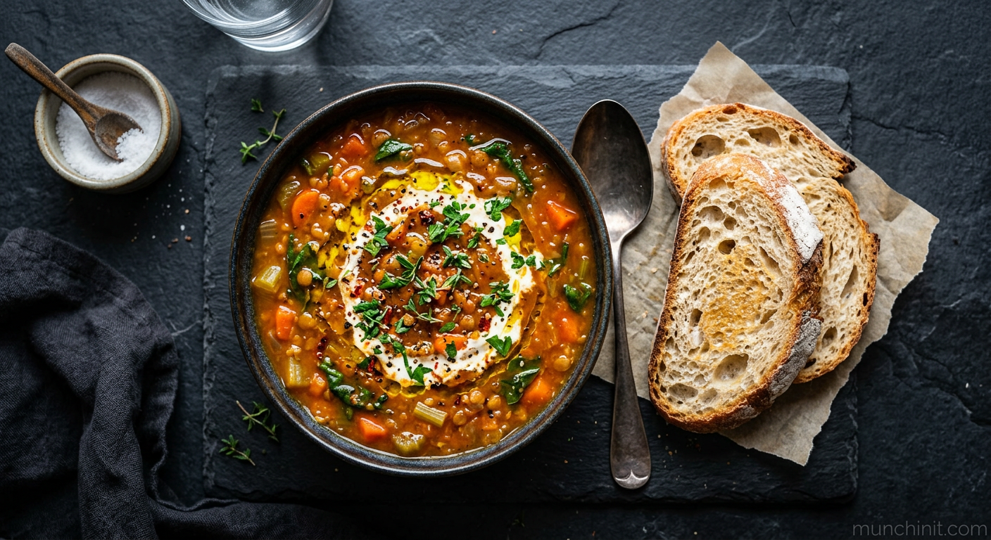 Hearty Red Lentil & Vegetable Soup with Crusty Bread