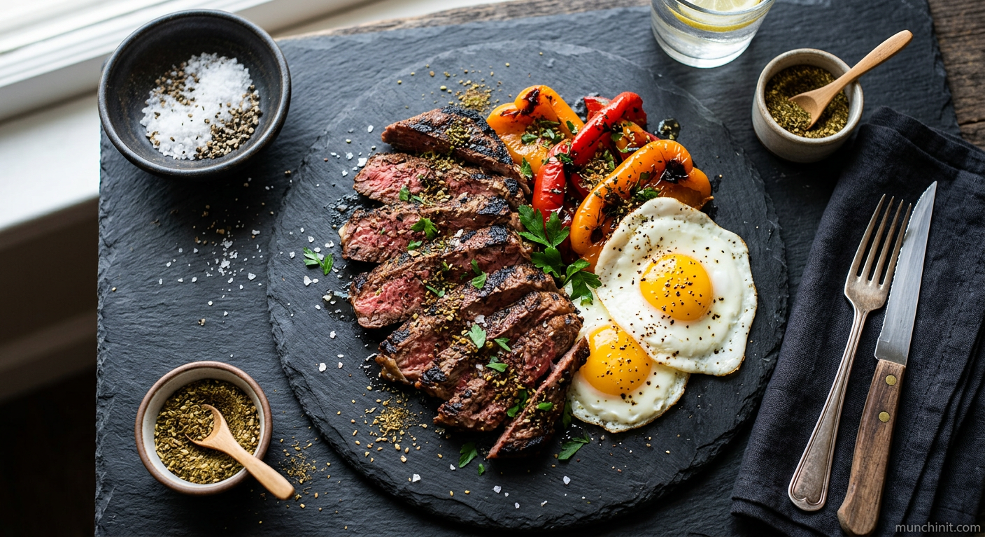 Grilled Beef Breakfast Steak with Roasted Peppers & Za'atar