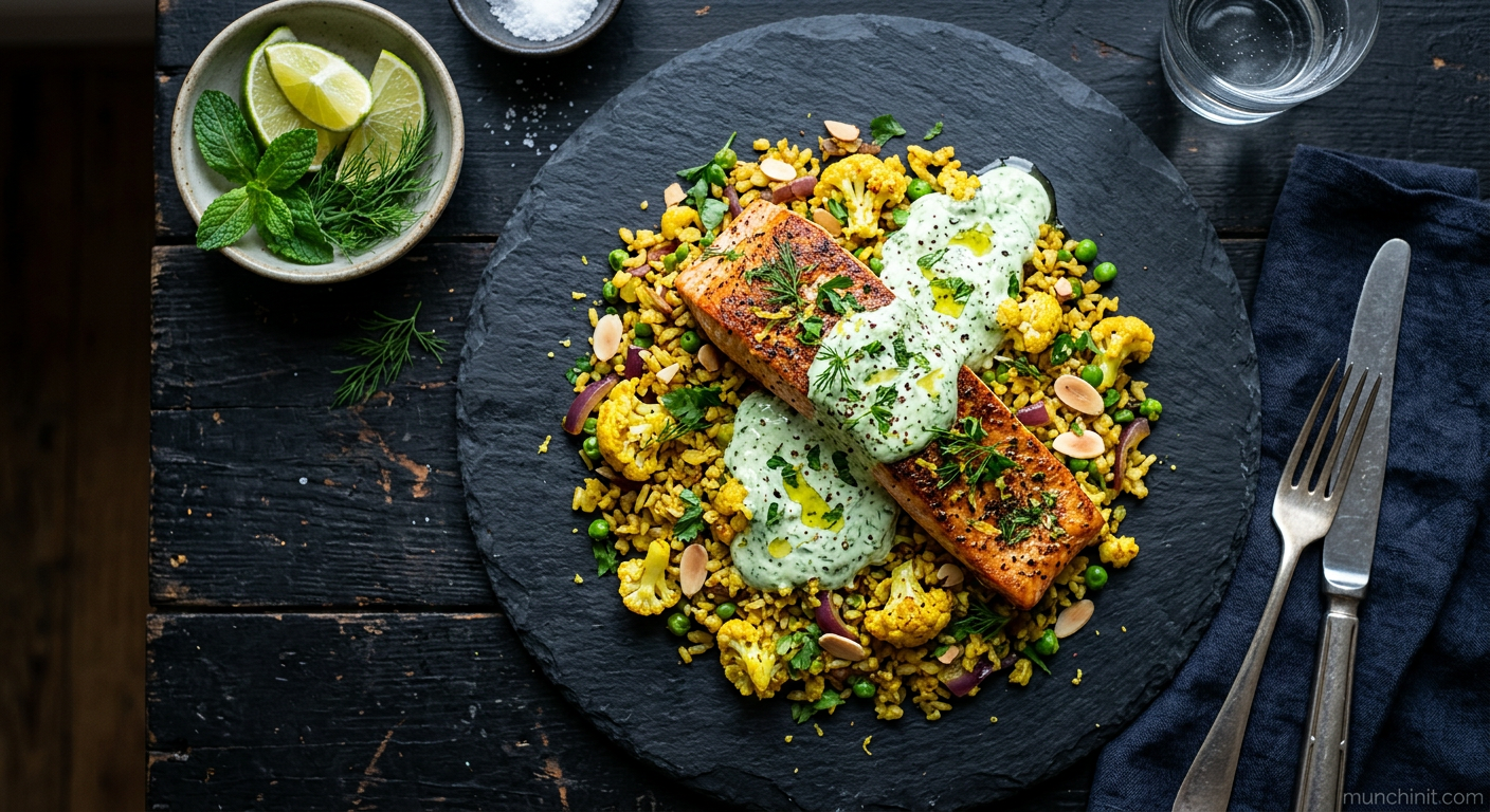 Air-Fried Salmon with Spiced Cauliflower Rice & Minted Yogurt Sauce