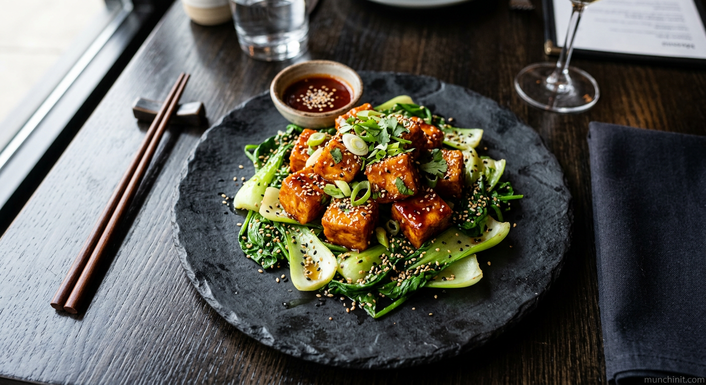 Gochujang Glazed "Prawn" Tofu with Sesame Greens