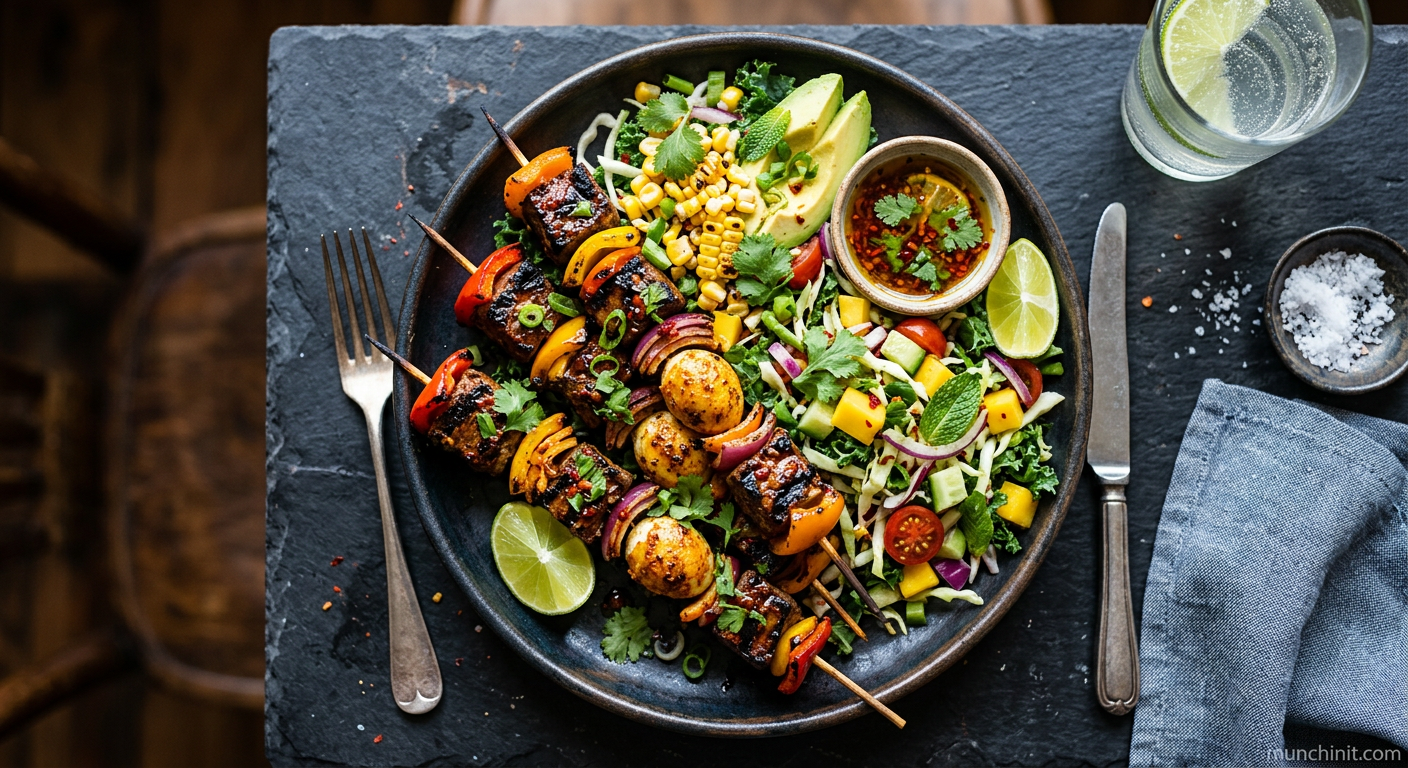 Caribbean Grilled Beef & Egg Skewers with Zesty Salad