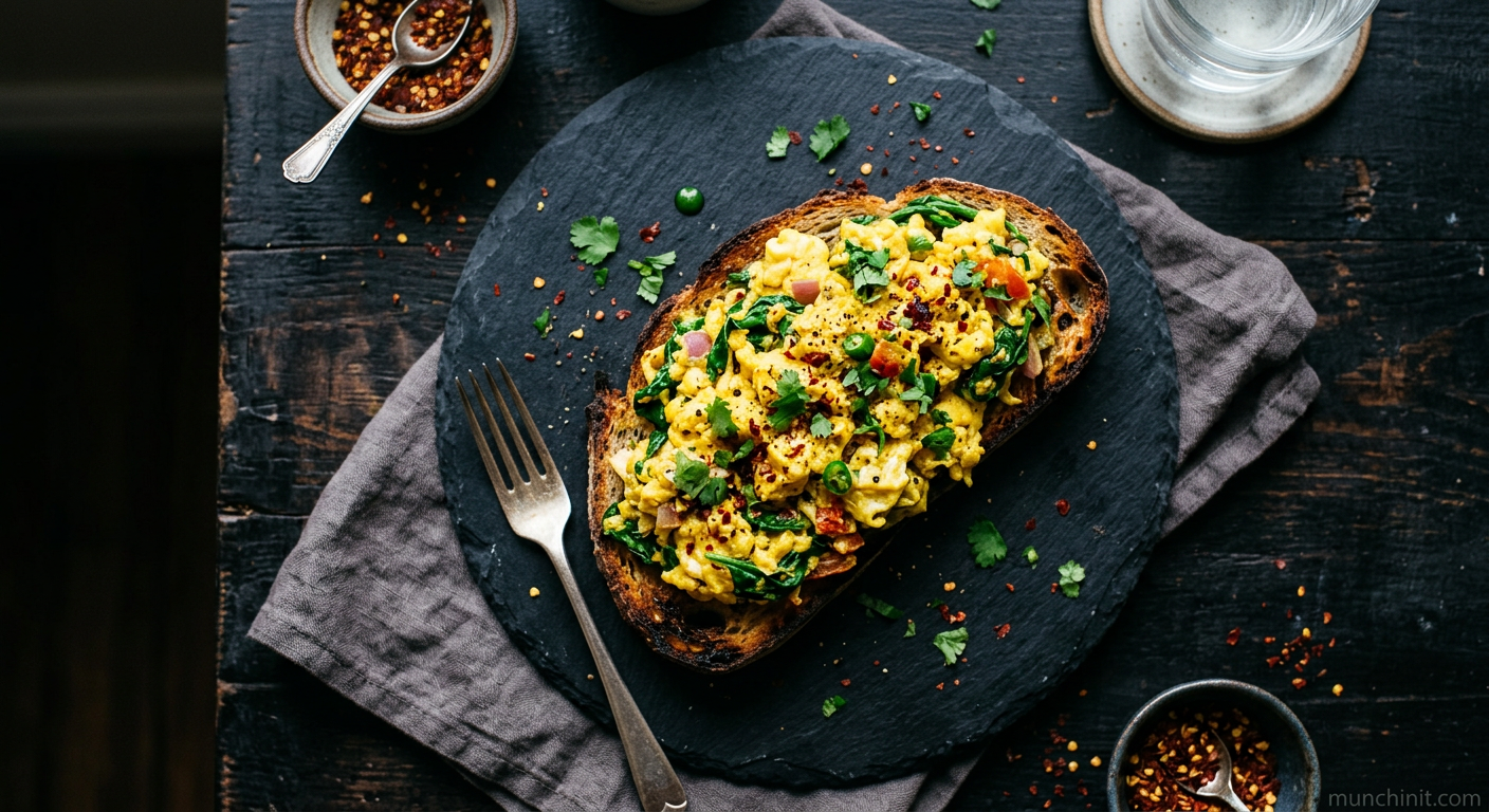 Masala Scrambled Eggs with Spinach on Toasted Sourdough