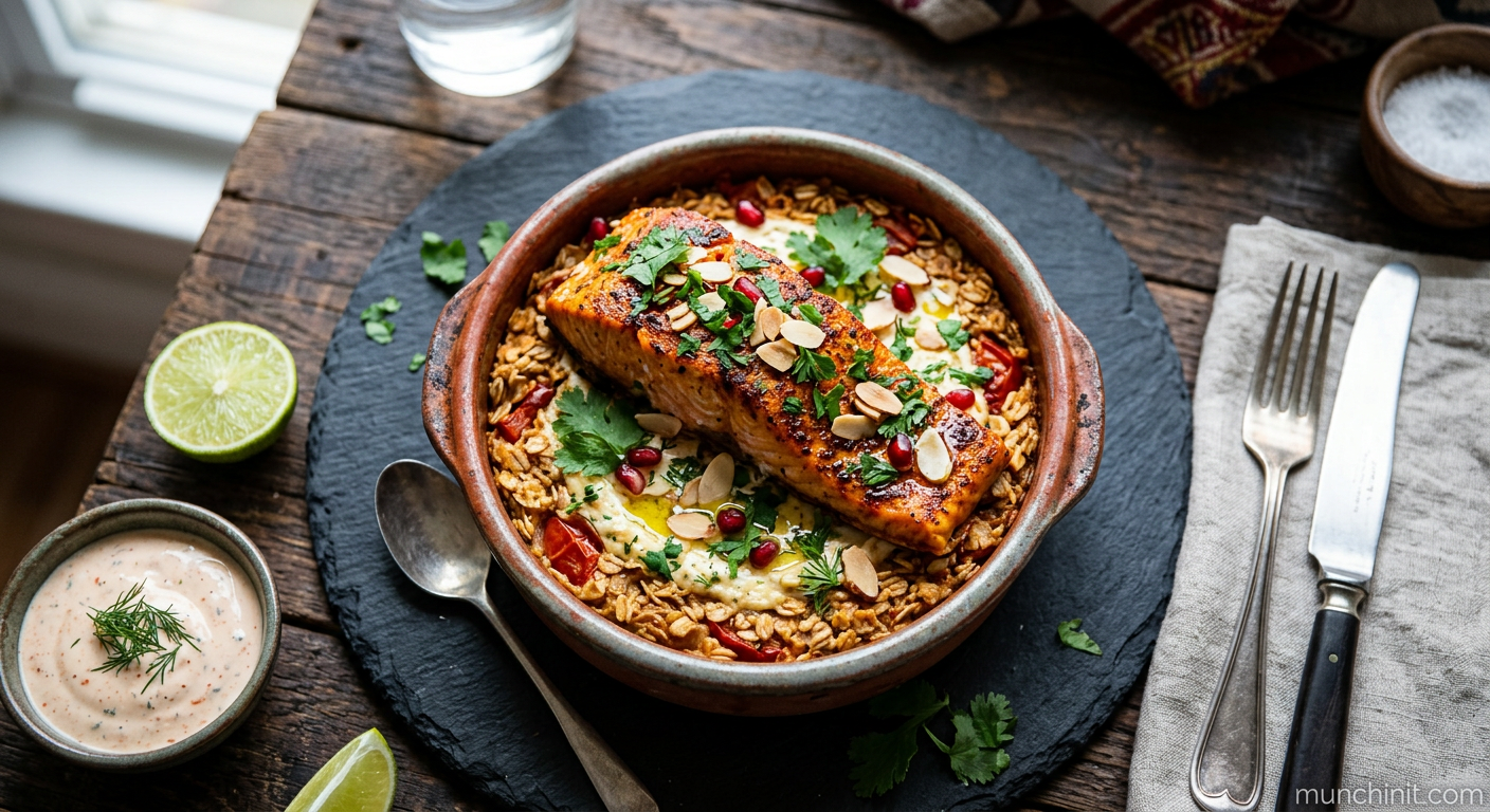 Moroccan Smoked Paprika & Tomato Baked Oats with Harissa Salmon