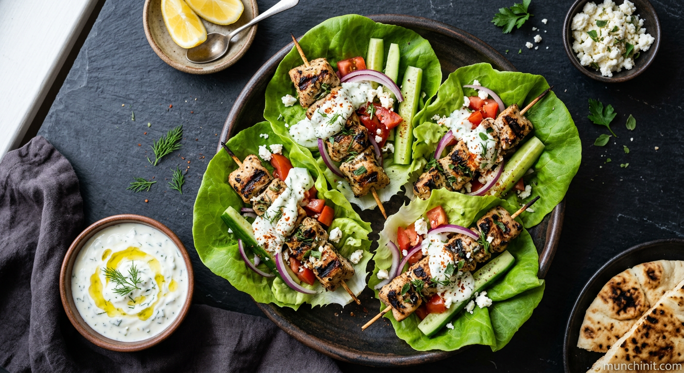 Turkey Souvlaki Lettuce Wraps with Tzatziki