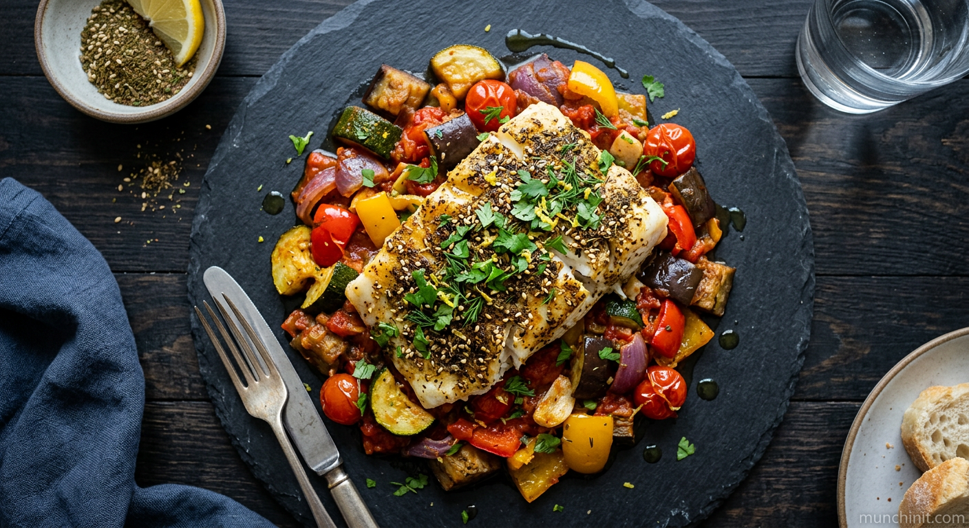 Moroccan Baked Za'atar White Fish with Ratatouille Vegetables