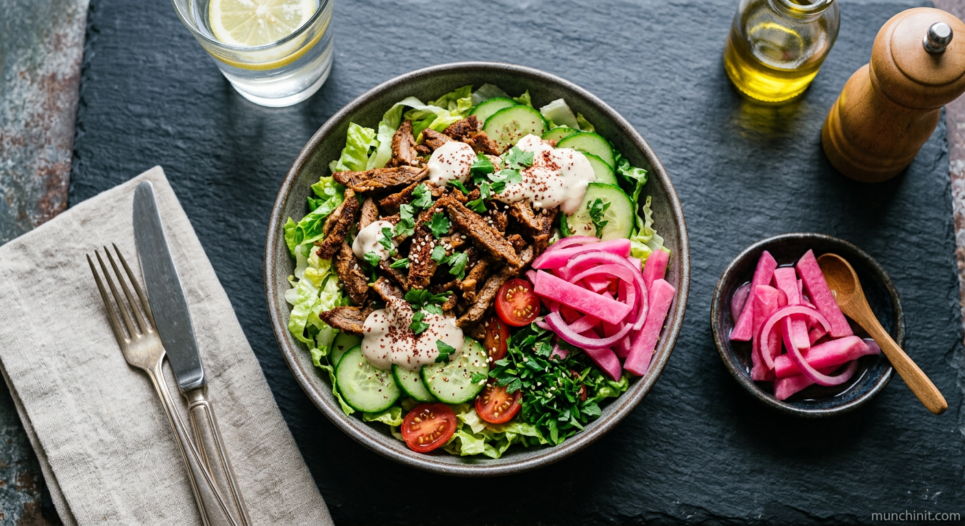 Crispy Low-Carb Beef Shawarma Bowl with Quick Pickled Turnips