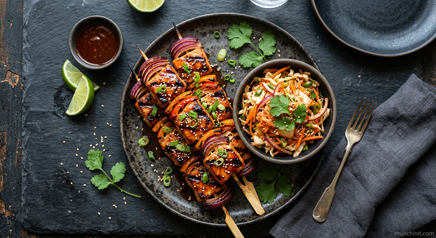 Korean BBQ Grilled Salmon Skewers with Kimchi Slaw