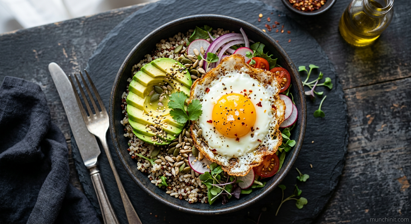 Crispy Fried Egg and Avocado Bowl with Toasted Seeds