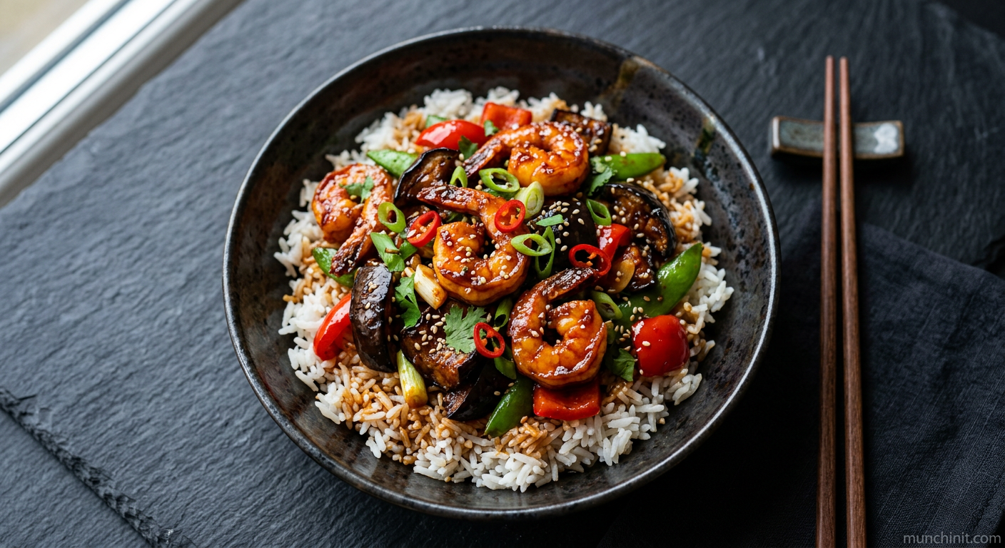 Gochujang Glazed Prawn & Aubergine Stir-fry with Rice