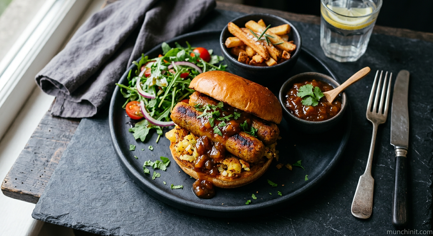 Curried Vegan Sausage & Golden Hash Butty with Mango Chutney Brown Sauce
