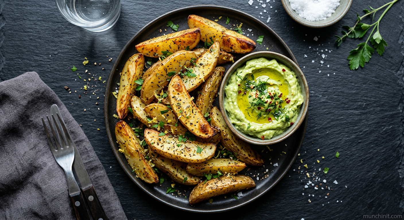 Greek Crispy Lemon-Herb Potato Wedges with Avocado Dip