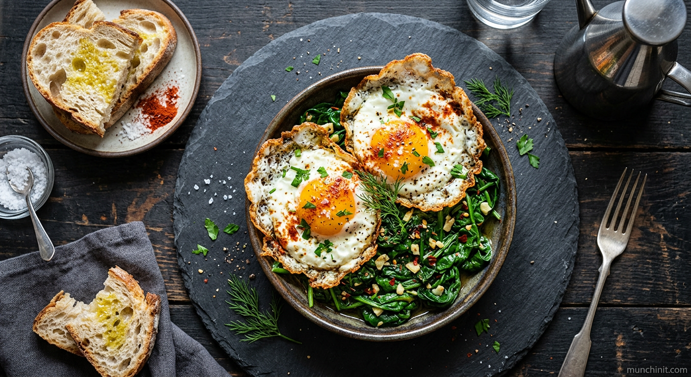 Spanish Crispy Fried Eggs with Sautéed Spinach and Garlic