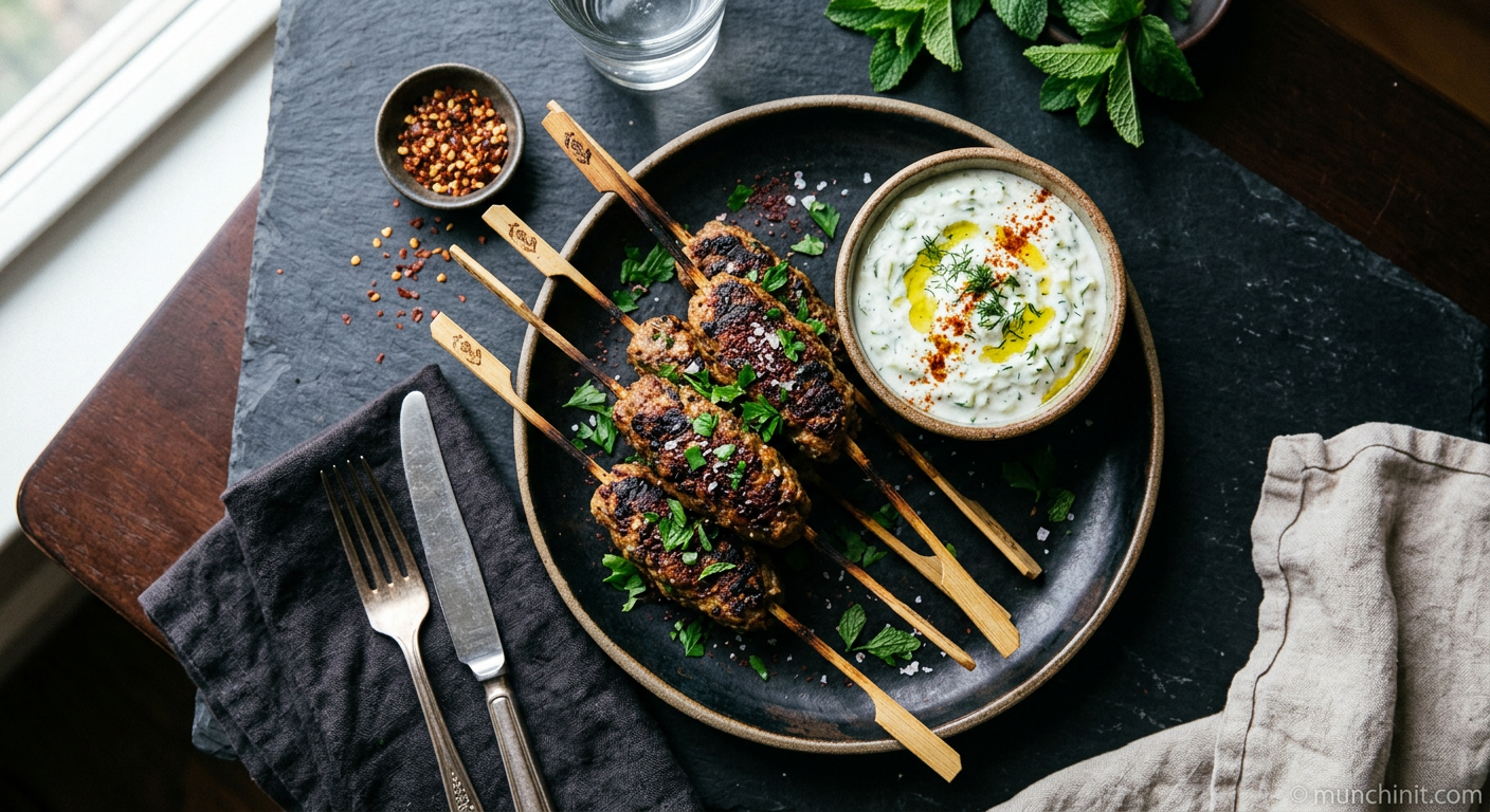 Air-Fried Crispy Lamb Kofta Skewers with Keto Tzatziki