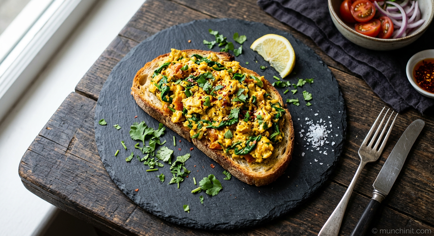 Masala Scrambled Eggs with Spinach on Toasted Sourdough