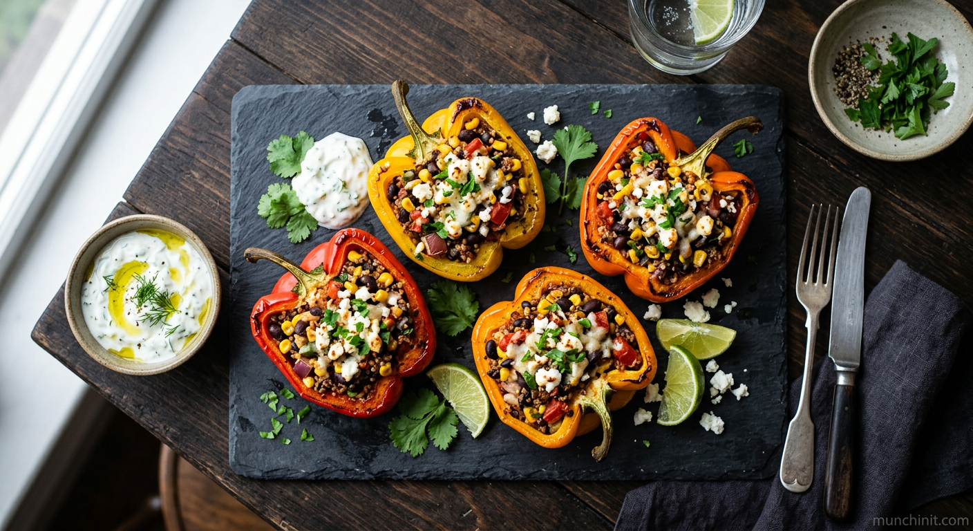 Greek-Style Smoky Black Bean & Corn Stuffed Bell Peppers