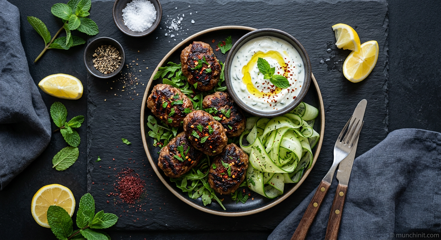 Mini Lamb Koftas with Minted Yogurt Dip & Cucumber Ribbons