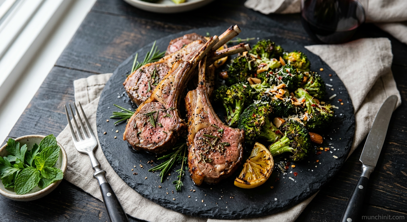 Air-Fried Rosemary Lamb Chops with Roasted Broccoli