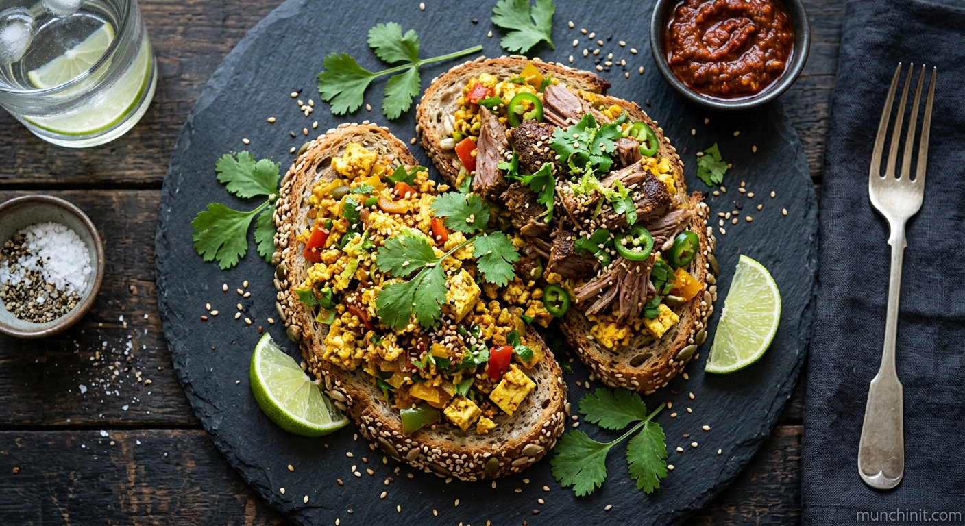 Ginger-Lime Tofu Scramble with Spiced Lamb on Multigrain Toast with Sesame Seeds