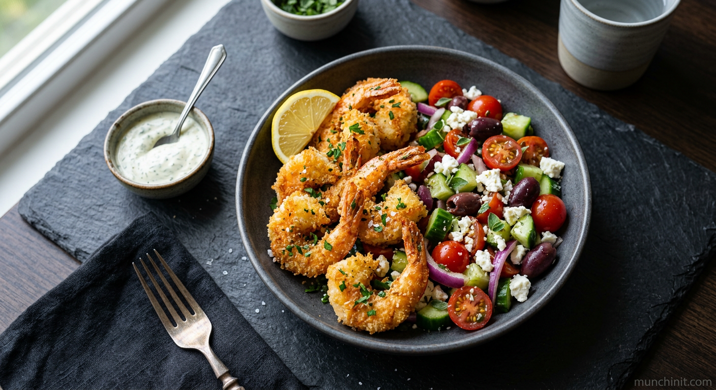 Air-Fried Crispy Prawns with Greek Salad