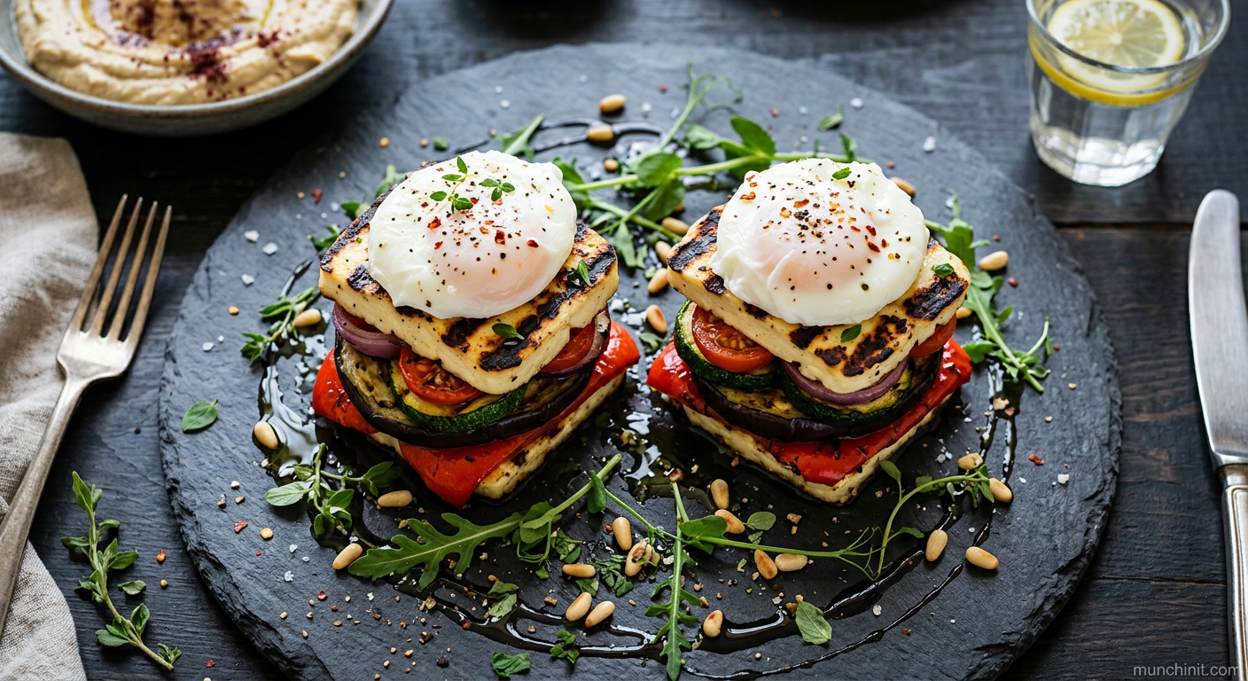 Grilled Halloumi & Mediterranean Vegetable Towers with Poached Eggs